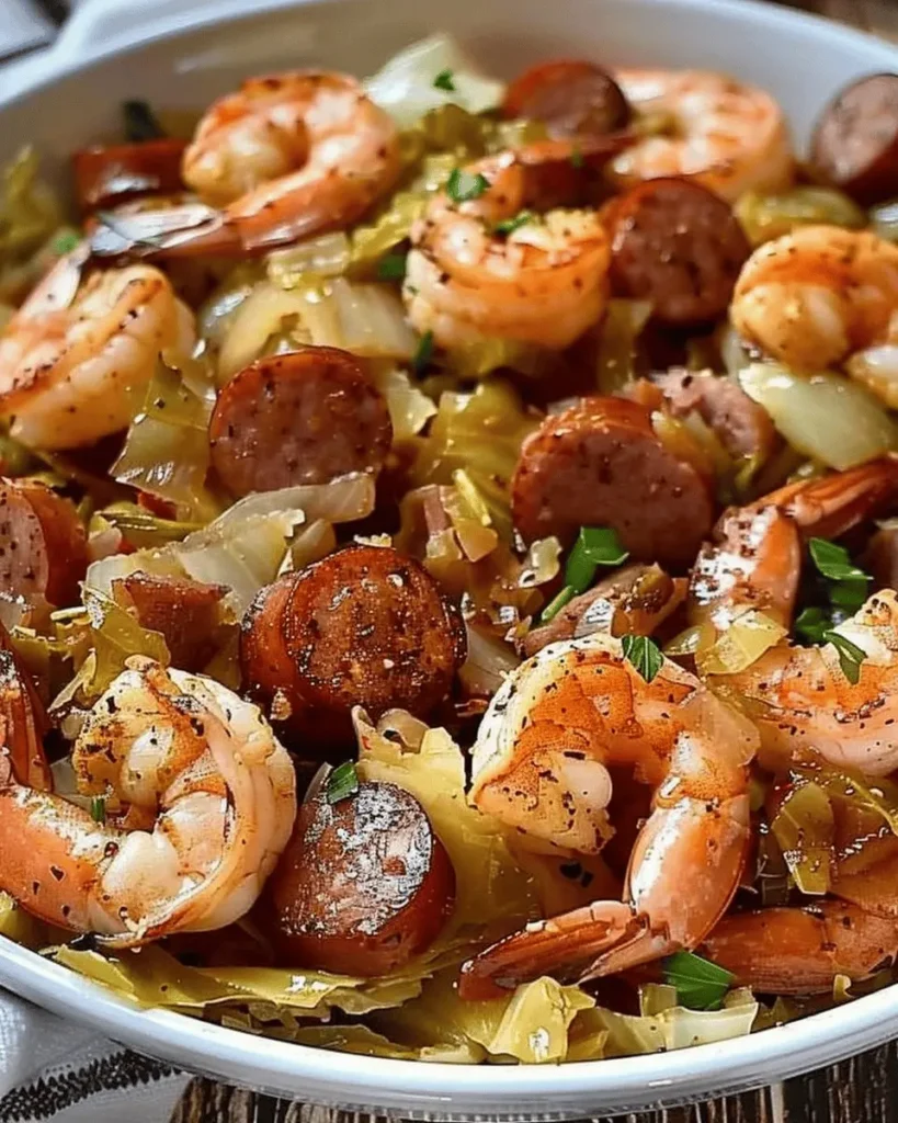 Fried cabbage with shrimp and sausage