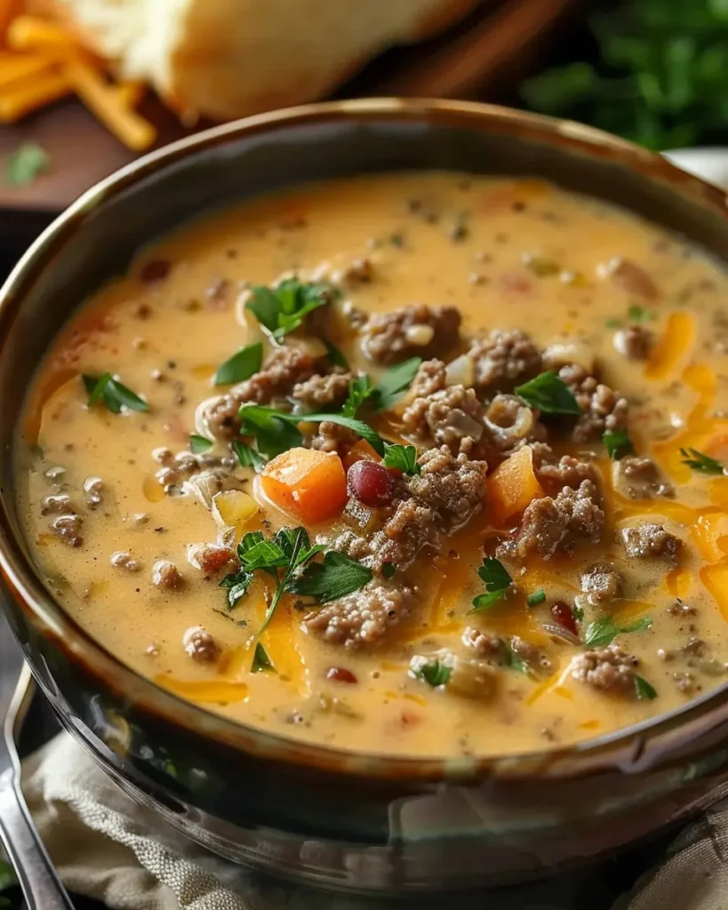 Slow Cooker Cheesy Burger Flavored Soup
