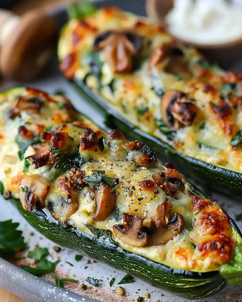 Spinach, Mushroom & Ricotta Stuffed Zucchini Boats
