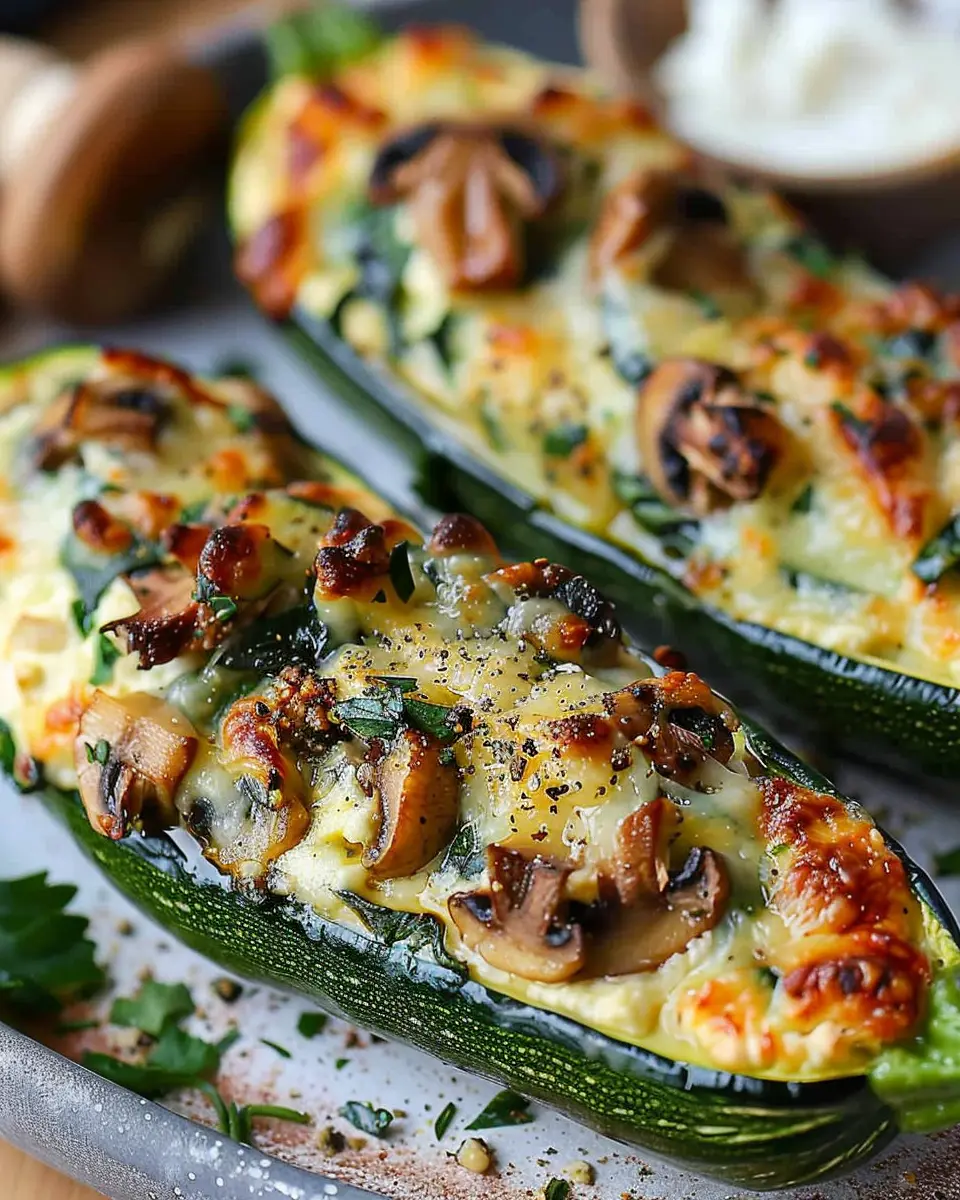 Spinach, Mushroom & Ricotta Stuffed Zucchini Boats