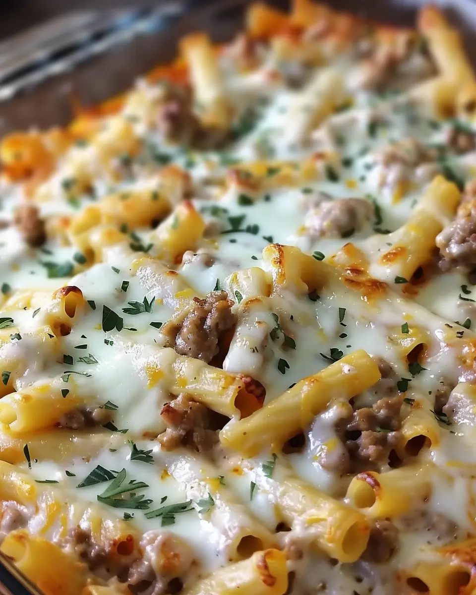 Creamy Beef Alfredo Ziti Casserole