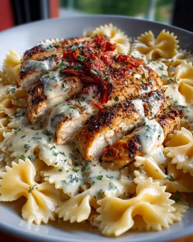 Chicken with Creamy Four-Cheese Bowtie Alfredo