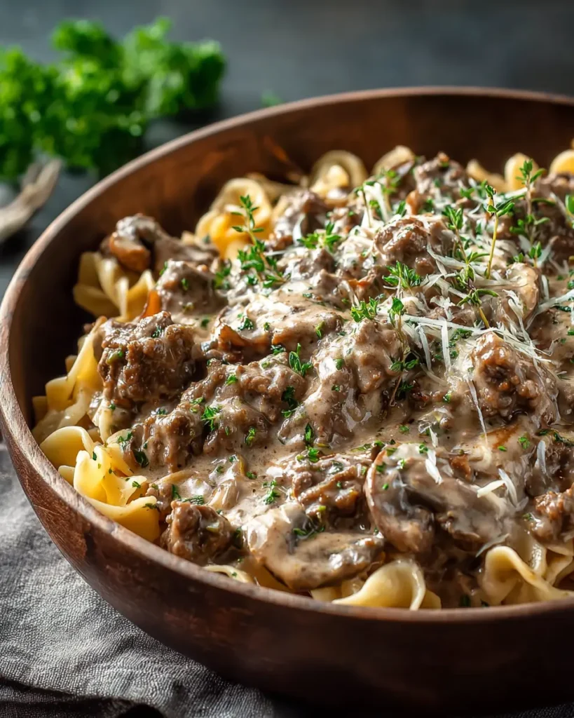 Easy Slow Cooker Ground Beef Stroganoff