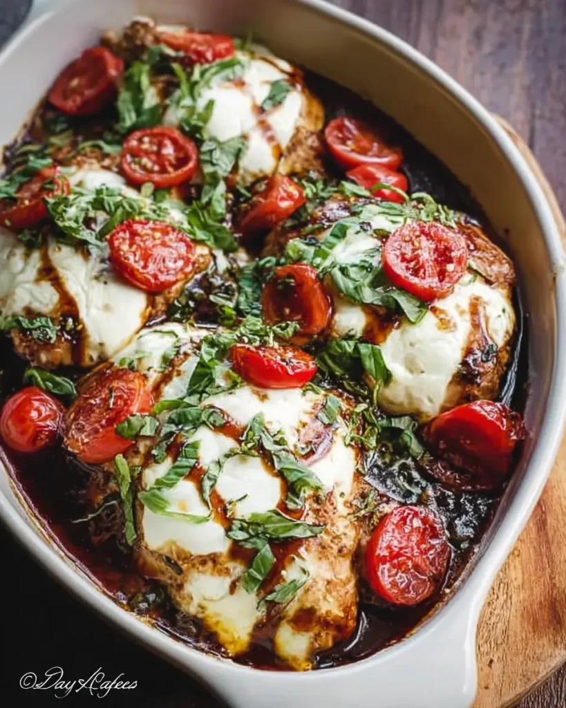 Creamy Mozzarella “Caprese” Chicken Bake with Balsamic Drizzle