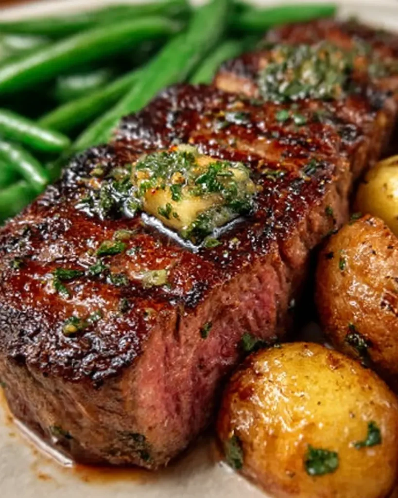 Pan-Seared Steak with Garlic Butter, Herb Potatoes & Green Beans