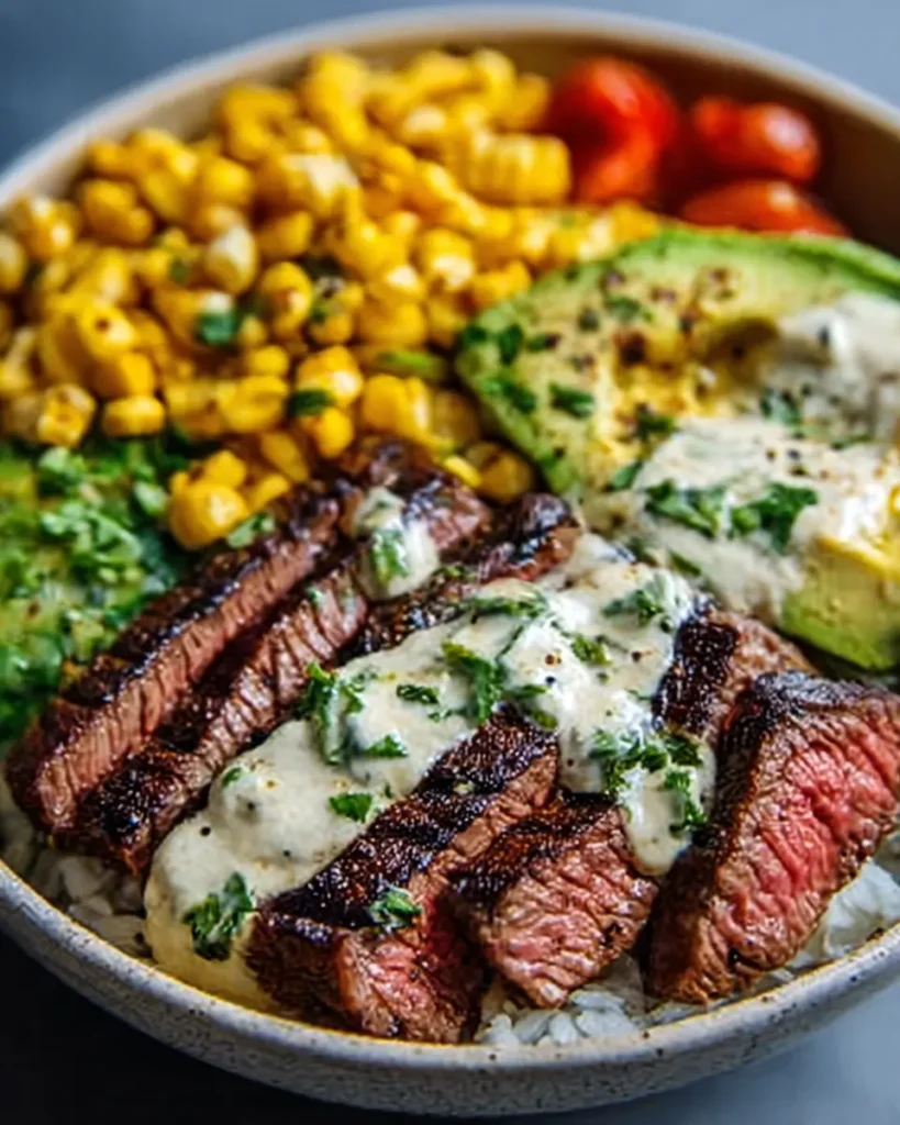 Steak, Avocado, and Roasted Corn Bowl with Cilantro Cream Sauce