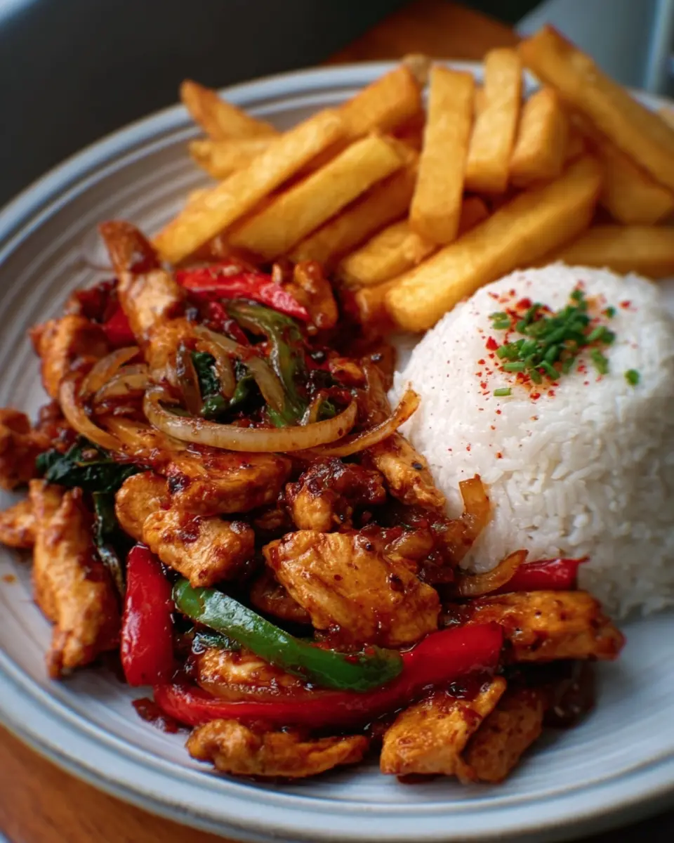 Sweet & Spicy Chicken Stir-Fry with Rice and Fries