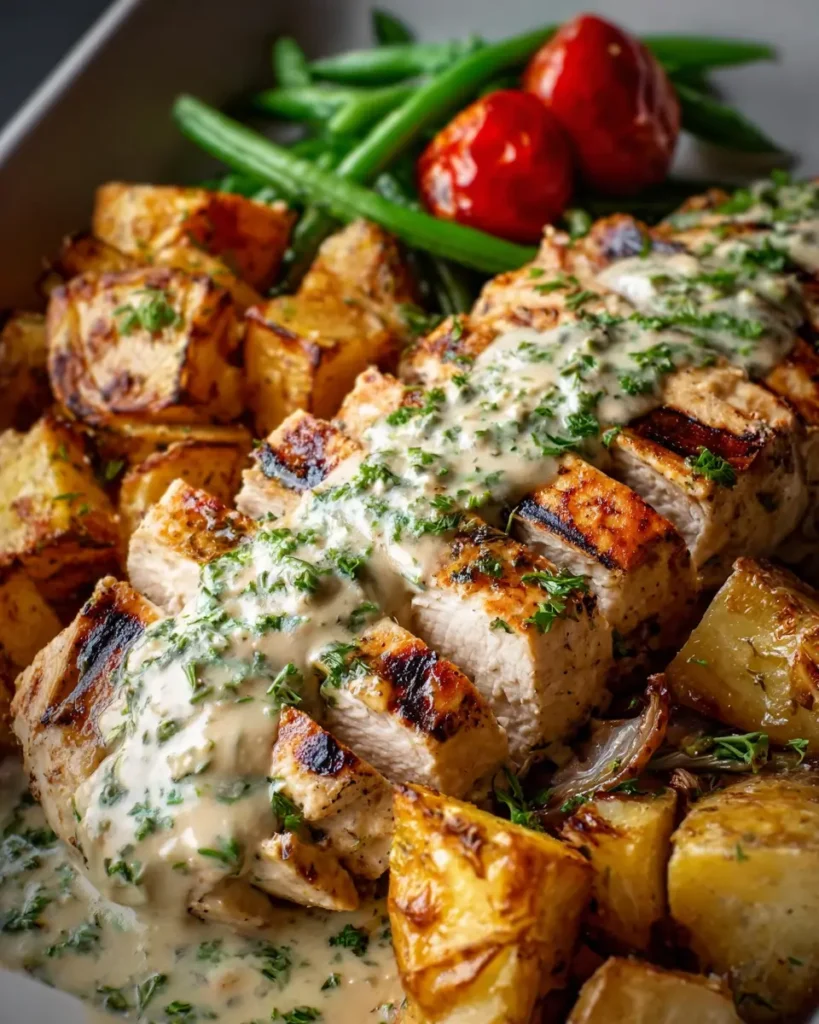 Grilled Chicken with Herb Cream, Roasted Potatoes & Fresh Veg Plate
