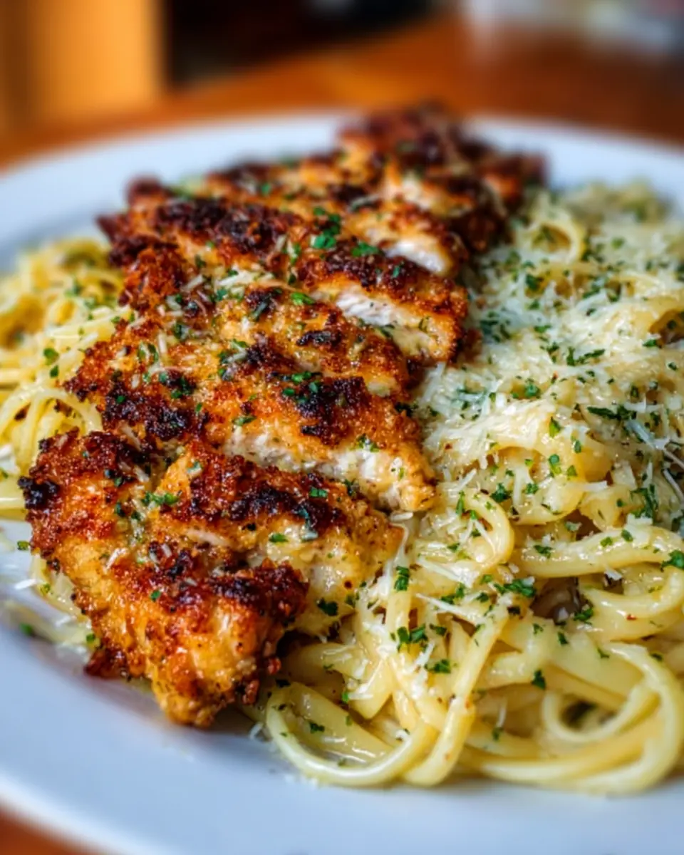 Crispy Garlic Parmesan Chicken with Creamy Asiago Linguine