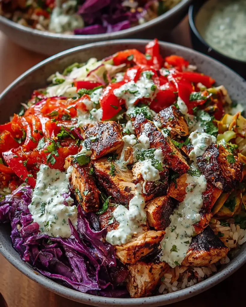 Mediterranean Chicken Bowls with Roasted Red Peppers, Cabbage & Ginger Tahini