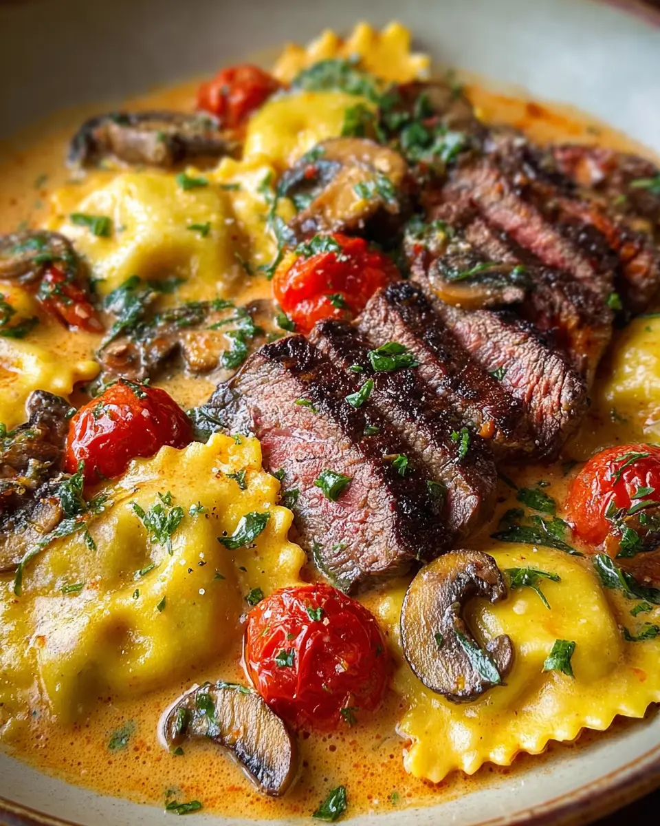 Creamy Tomato Mushroom Ravioli with Seared Steak