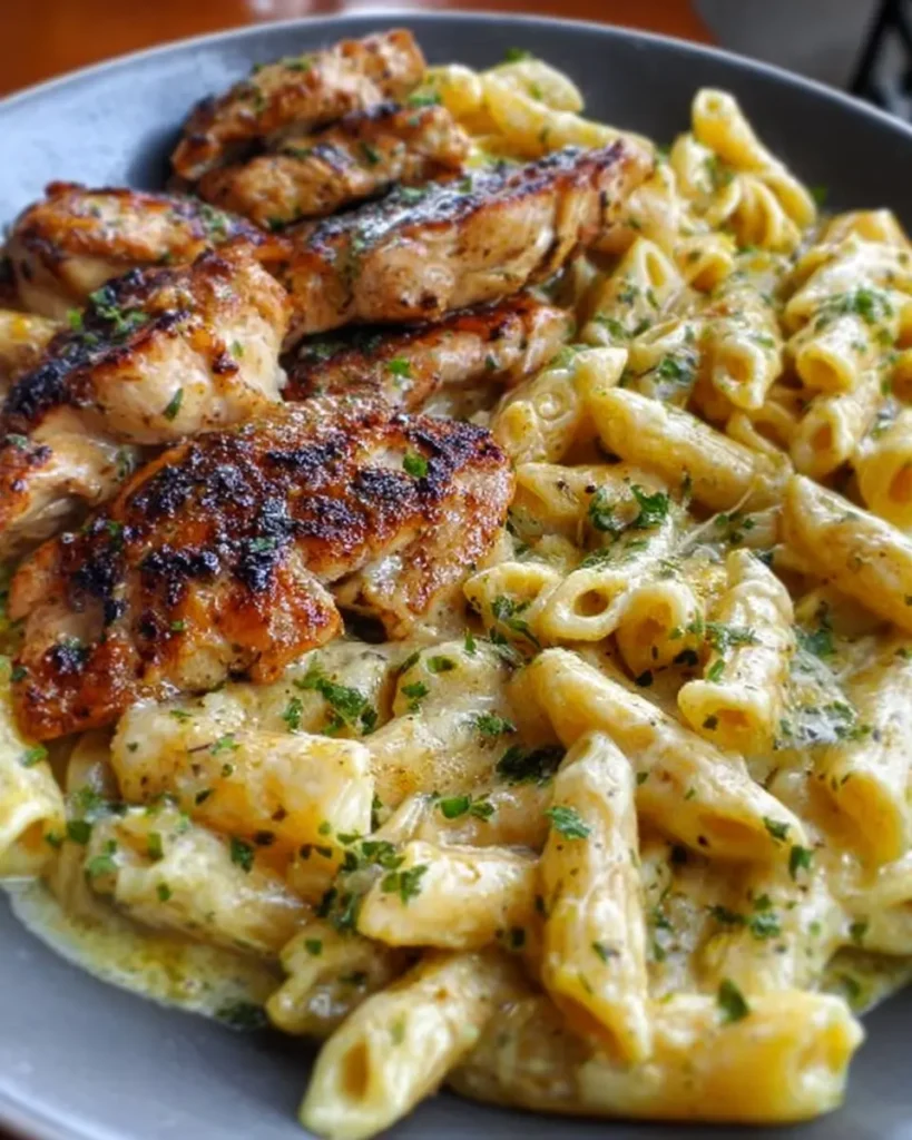Garlic Butter Chicken Penne with Three-Cheese Alfredo Sauce