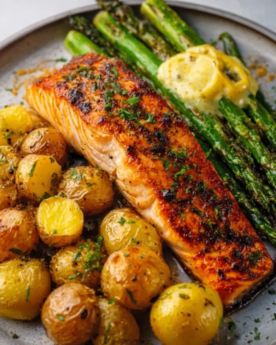 Ultimate Garlic Butter Salmon with Crispy Baby Potatoes & Cheesy Asparagus