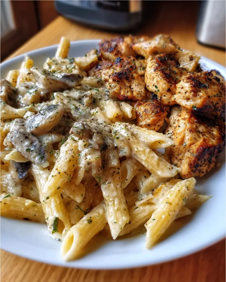 Creamy Garlic Mushroom Chicken with White Cheddar Parmesan Penne