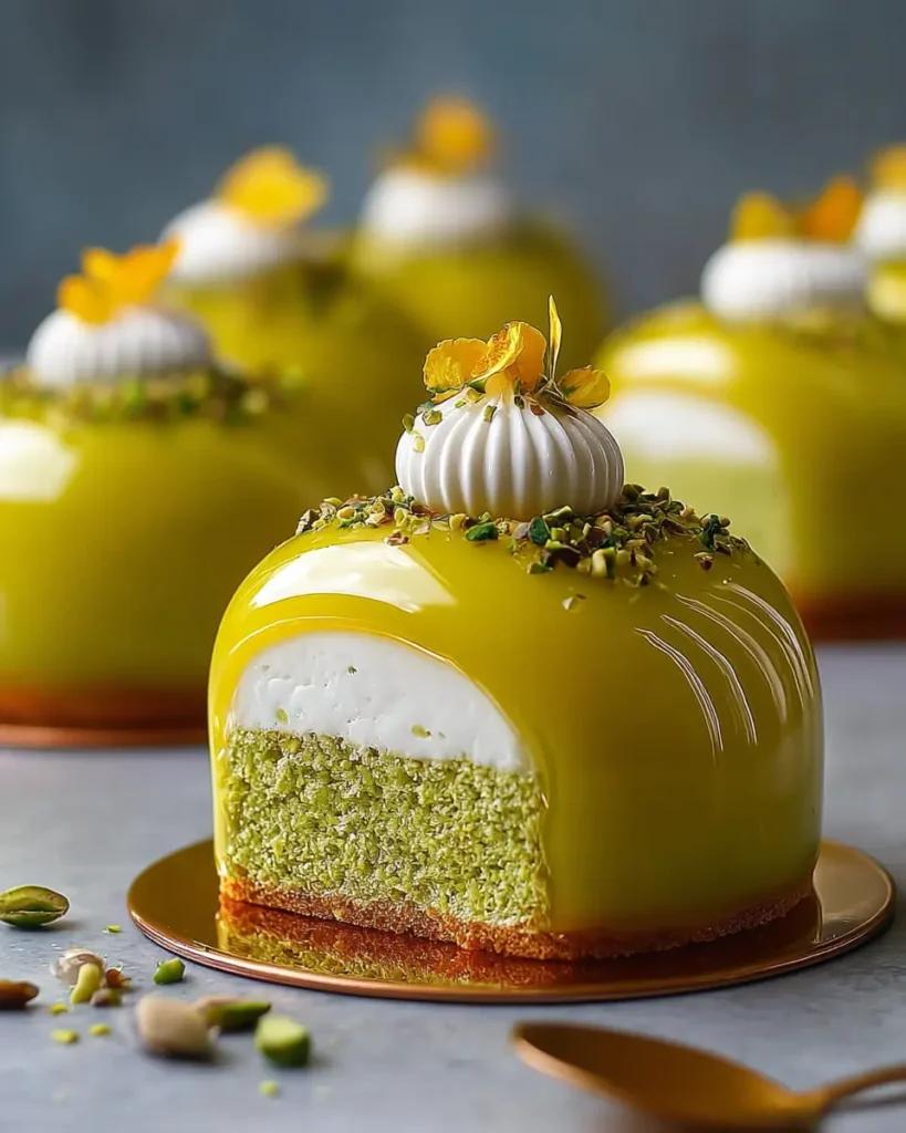 Elegant Pistachio Sponge Cakes with Meyer Lemon Mousse and Glossy Citrus Mirror Glaze