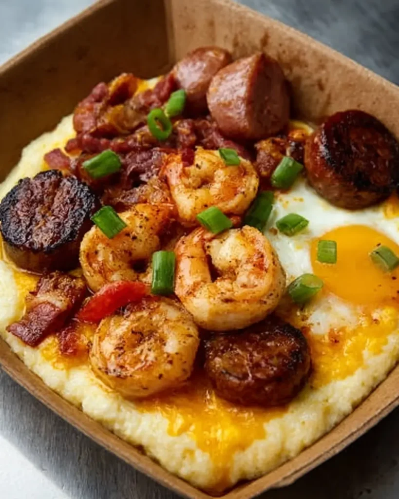 shrimp & grits, potatoes, sausages and cheesy eggs