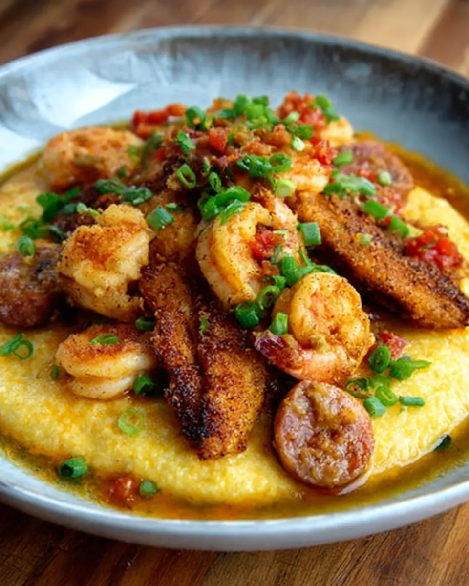 Spicy fried catfish over Cajun butter grits with shrimp and sausage
