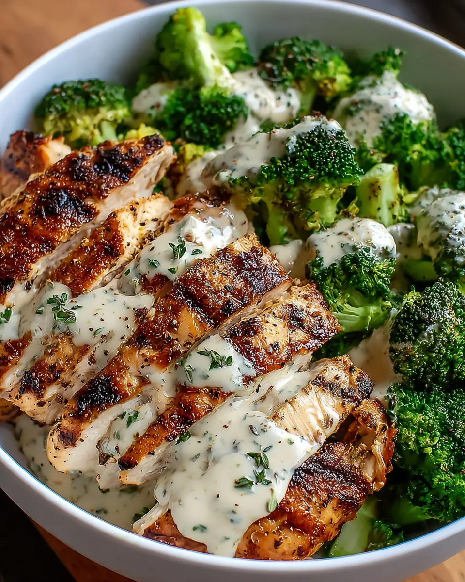 Grilled Chicken & Broccoli Bowls with Creamy Garlic Sauce