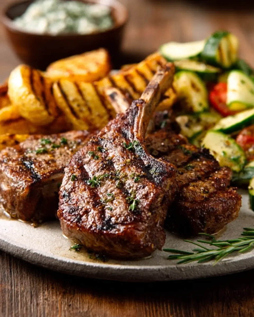 Herb-Grilled Lamb Chops with Golden Potato Wedges & Fresh Cucumber Salad