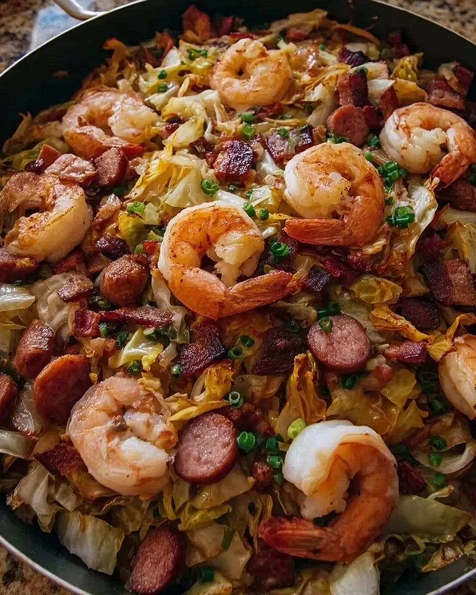 Fried Cabbage with Shrimp, Sausage, and Bacon