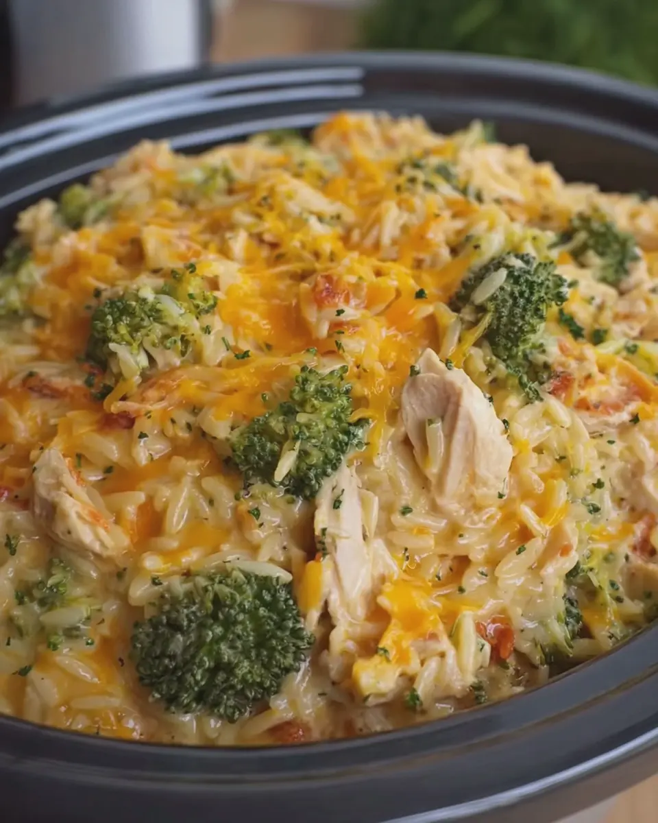 Crockpot Broccoli Cheddar Chicken Orzo