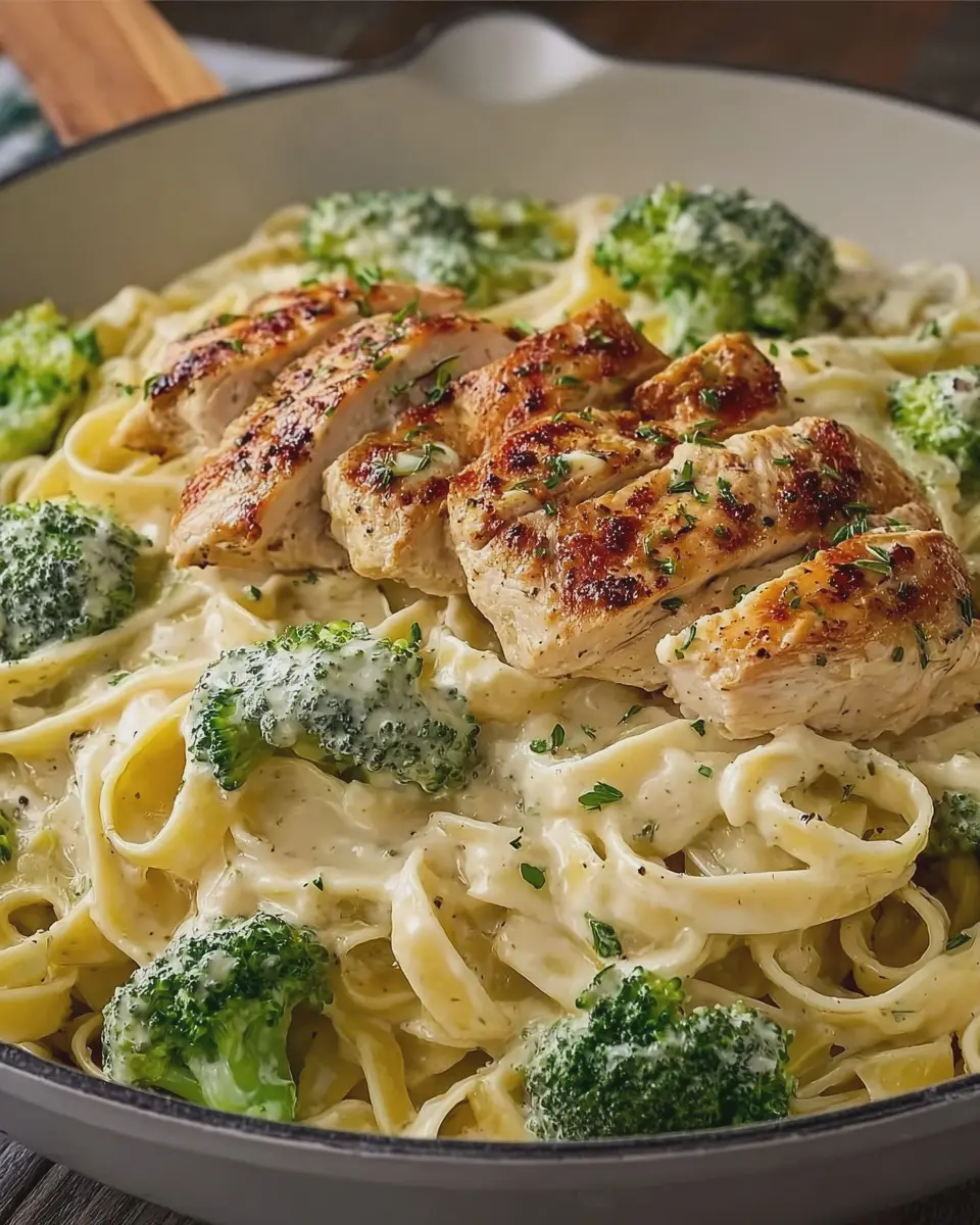 Creamy Garlic Chicken Alfredo with Fettuccine and Broccoli
