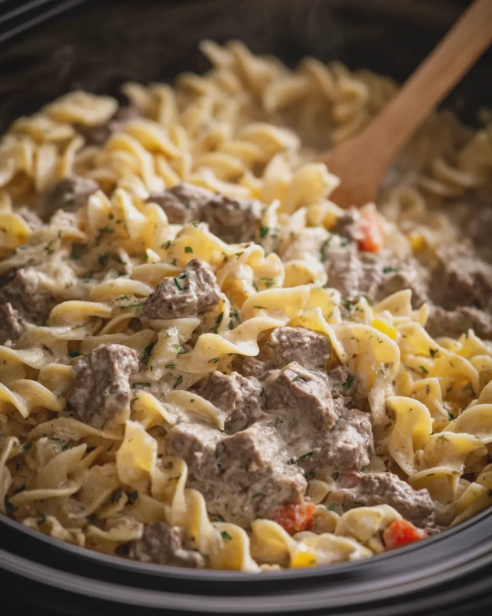 Slow Cooker Amish Cream Cheese Beef and Noodles