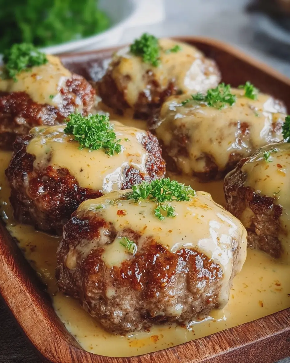 Cheesy Baked Beef Patties with Creamy Cheese Sauce