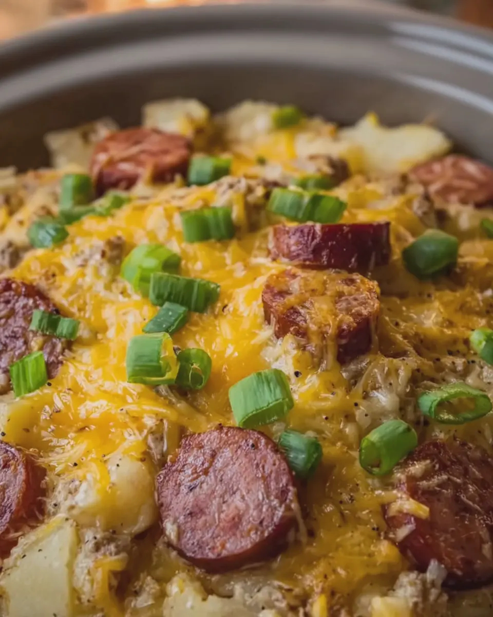 Crockpot Cheesy Potatoes and Beef Kielbasa