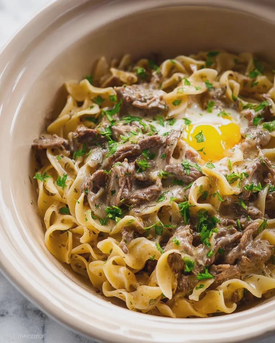 Slow Cooker Creamy Beef and Egg Noodles