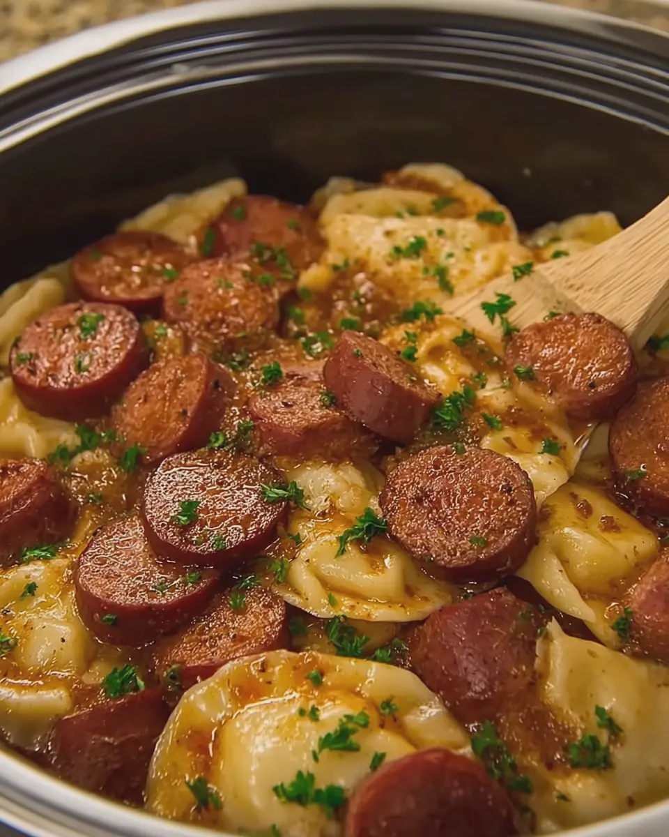 Slow Cooker Beef Kielbasa Sausage and Pierogies