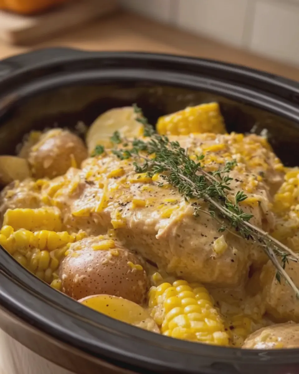Crockpot Creamy Cheddar Chicken Corn and Baby Potatoes