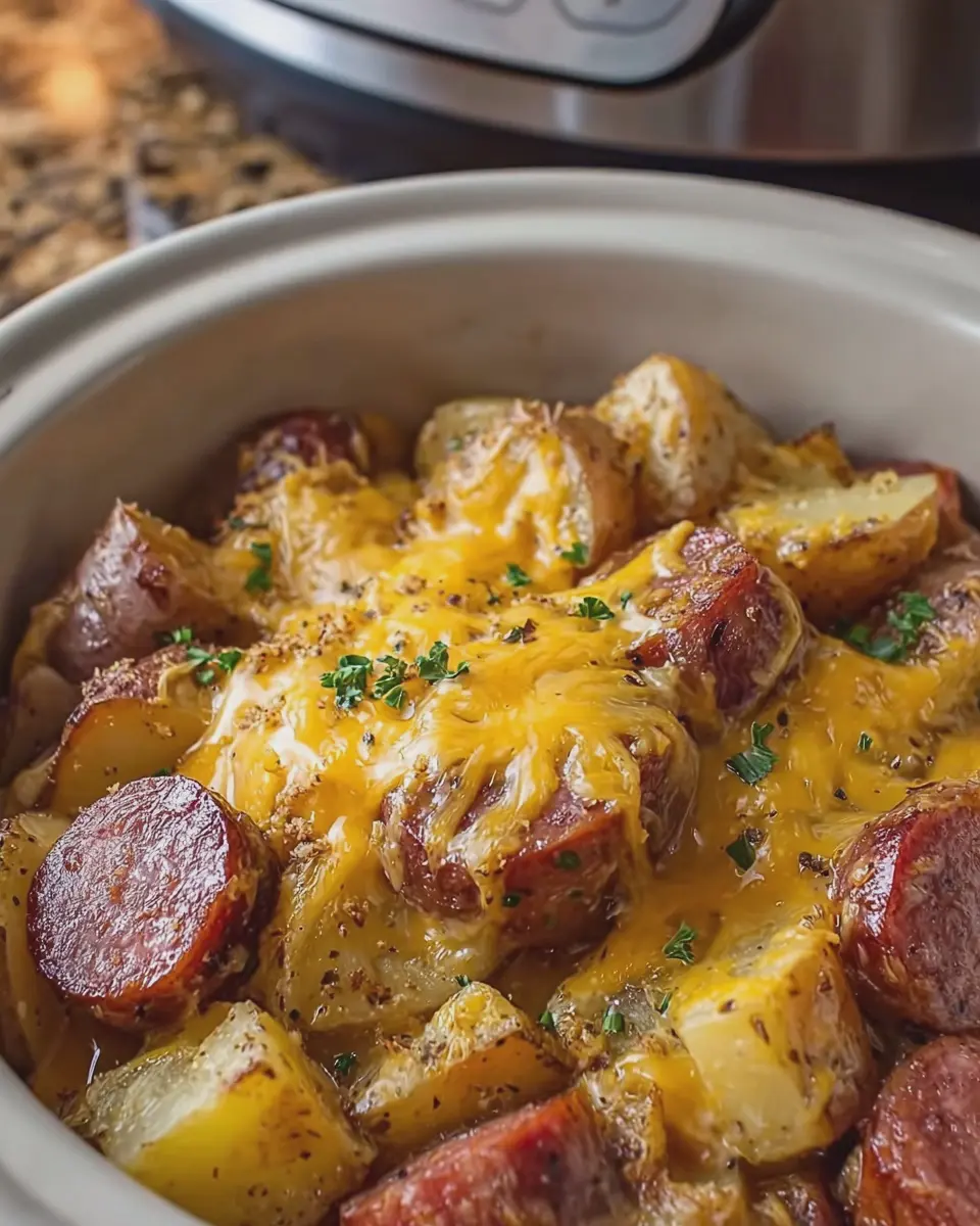 Slow Cooker Cheesy Smoked Sausage and Potatoes