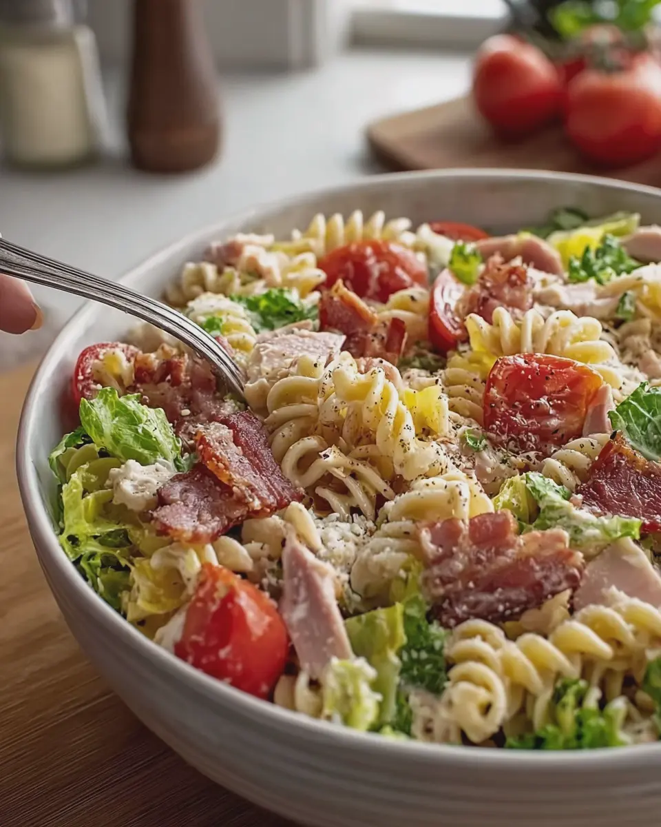 BLT Pasta Salad Easy Recipe with Turkey Bacon and Chicken Ham