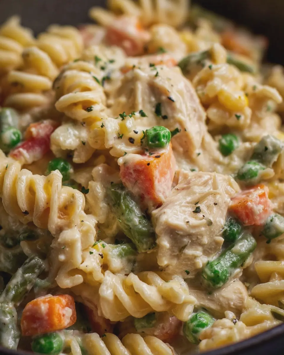 Creamy Cheesy Crockpot Chicken Rotini Pasta with Mixed Vegetables