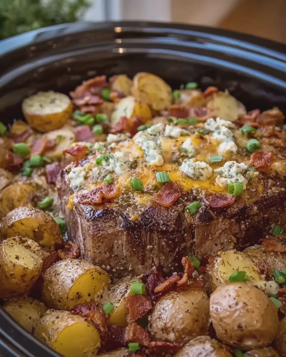 Crockpot Garlic Butter Steak with Loaded Turkey Bacon Ranch Potatoes