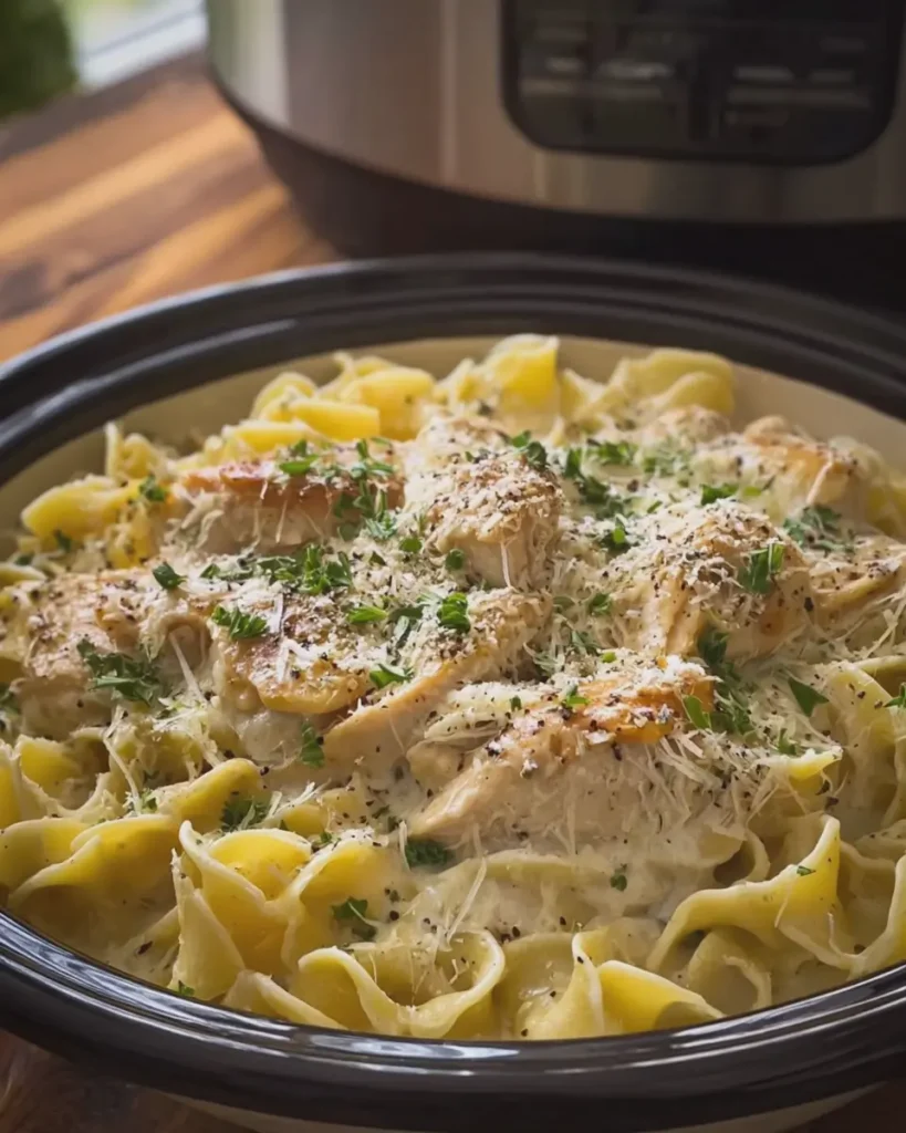 Slow Cooker Creamy Garlic Parmesan Chicken and Noodles
