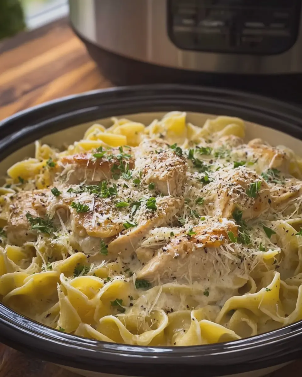 Slow Cooker Creamy Garlic Parmesan Chicken and Noodles