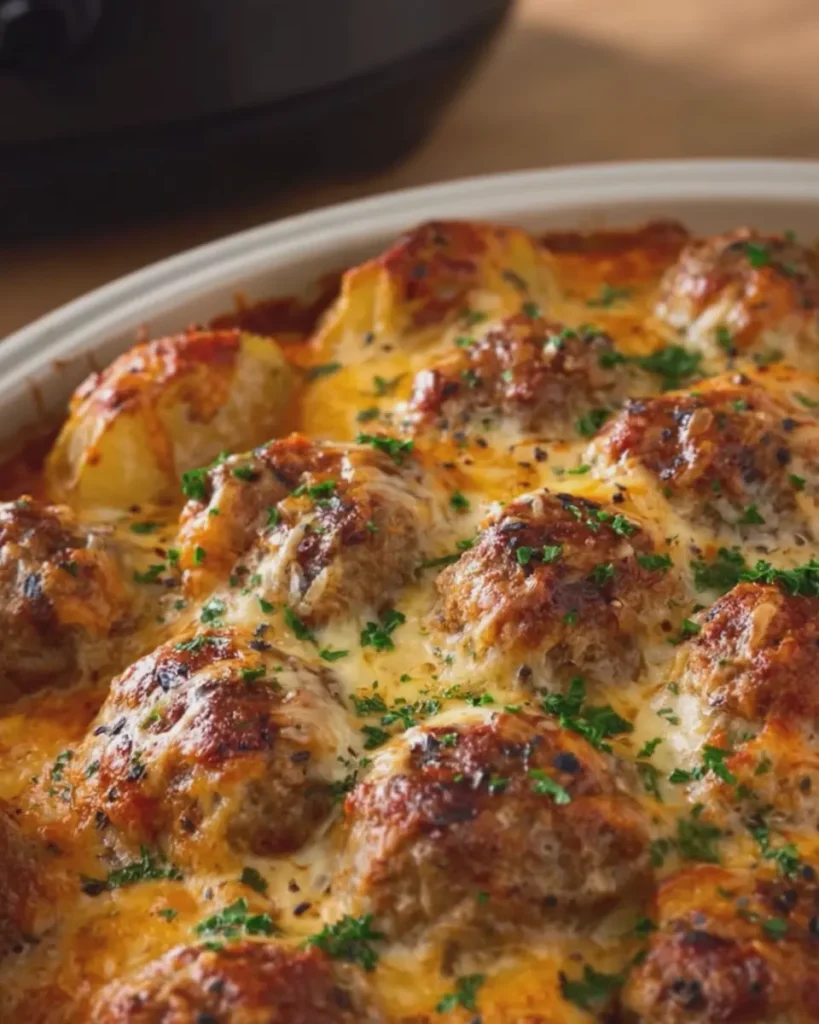 Slow Cooker Cheesy Meatball Potato Bake