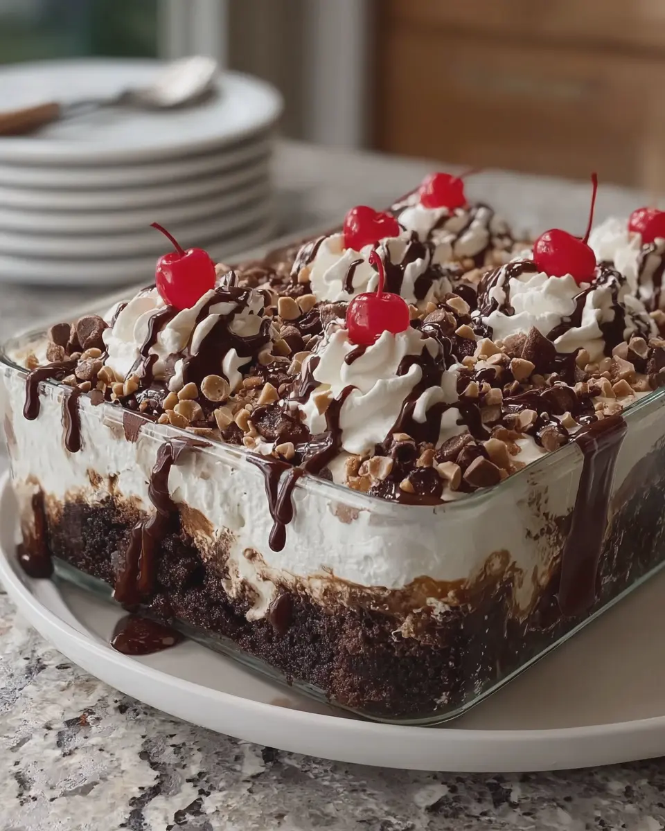 Irresistible Hot Fudge Chocolate Brownie Sundae Casserole