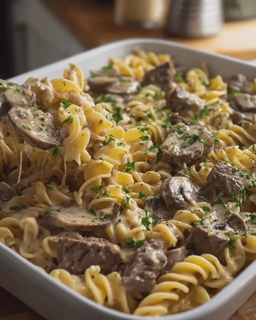Oven Baked 5 Ingredient Beef Stroganoff Pasta