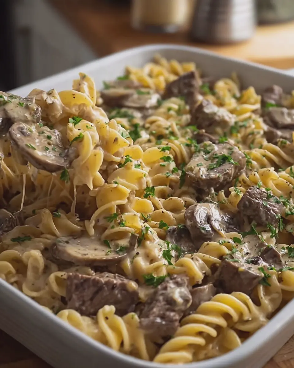 Oven Baked 5 Ingredient Beef Stroganoff Pasta