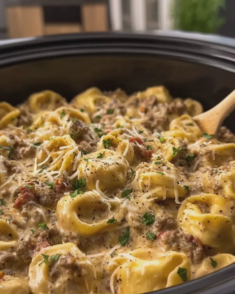Creamy Cheesy Beef Tortellini Delight Easy Crockpot Recipe