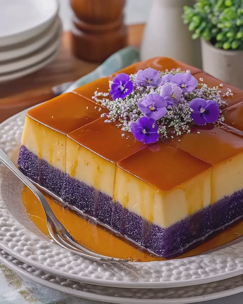 Ube Biko Flan with Creamy Custard and Caramel Topping