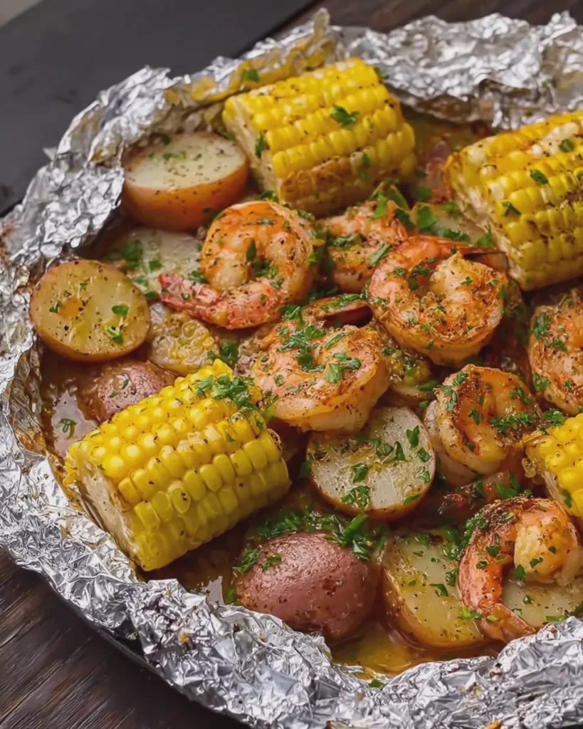 Garlic Butter Shrimp Foil Packets with Corn and Potatoes