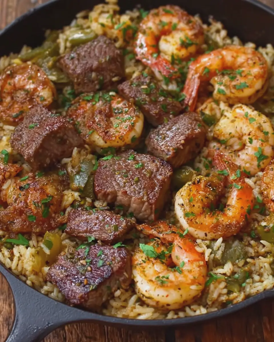 Juicy Southern Garlic Butter Shrimp and Steak Rice Skillet