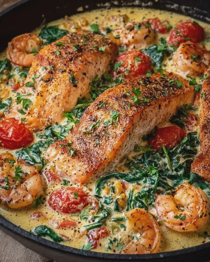 Tuscan Salmon and Shrimp Cream Skillet