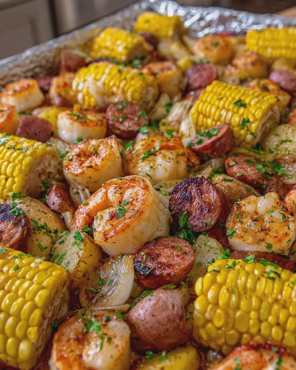 Summer Seafood Bake with Shrimp, Scallops, Corn, Potatoes, and Sausage