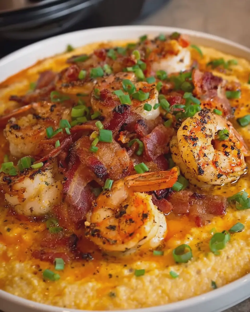 Cheesy Shrimp and Grits with Crispy Turkey Bacon