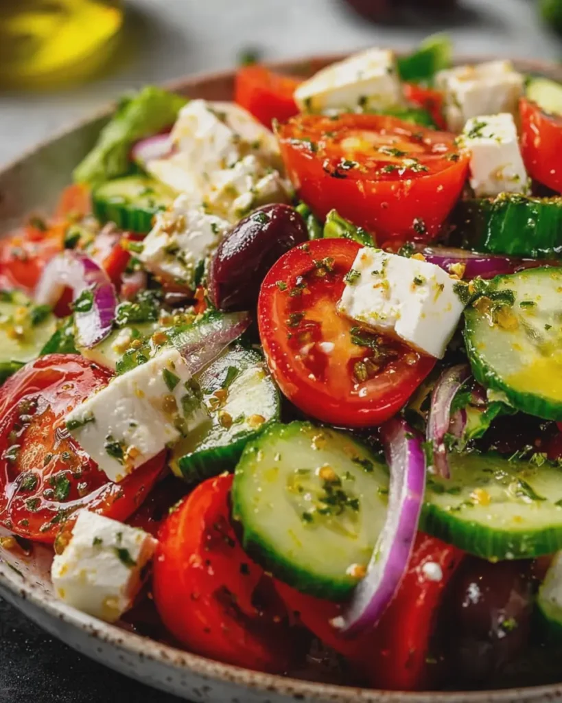 Fresh Mediterranean Summer Salad with Feta, Cucumbers, Tomatoes and Lemon Olive Oil Dressing